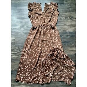 LBrown Polka Dot Midi Dress whimsigoth Flutter Sleeves Milkmaid Fairycore S Y2K